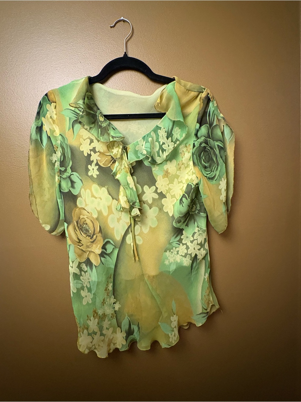 Sheer Green Floral Blouse with Ruffle Collar